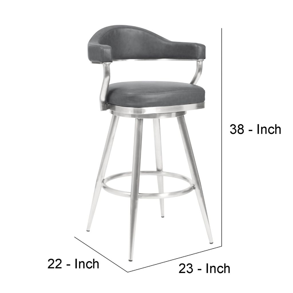 26 Inch Vegan Faux Leather Metal Counter Stool, Gray, Silver - View 6