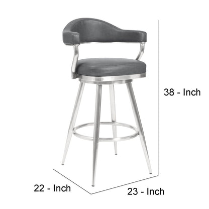26 Inch Vegan Faux Leather Metal Counter Stool, Gray, Silver - View 6
