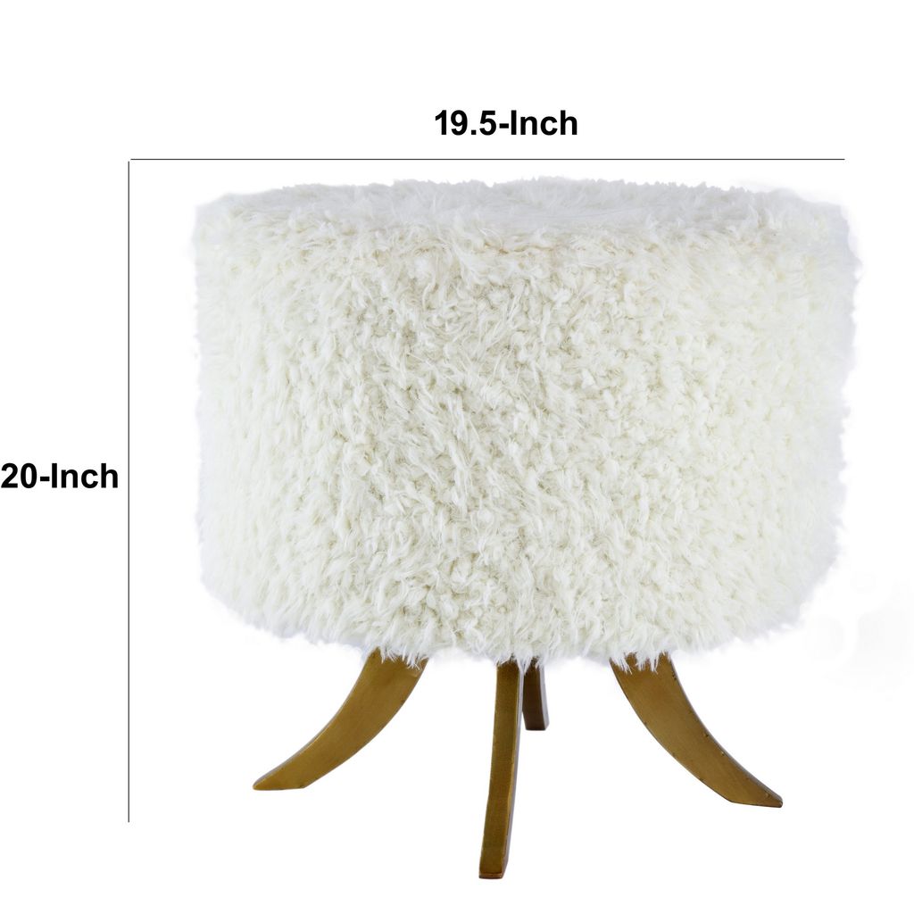 20 Inch Ottoman, Foam Filled, Shearling Fabric, Wood Frame, White, Brown - View 5