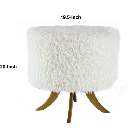 20 Inch Ottoman, Foam Filled, Shearling Fabric, Wood Frame, White, Brown - View 5