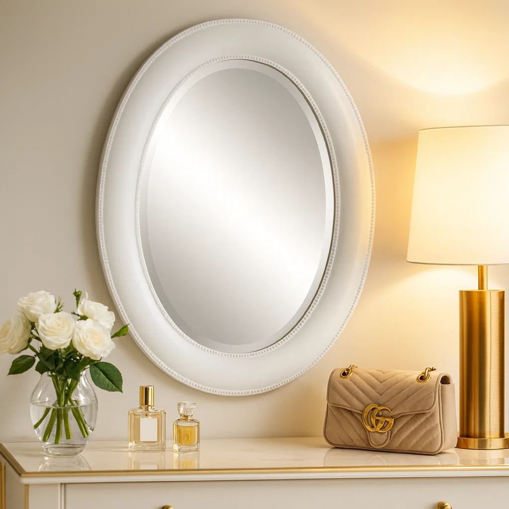 29 Inch Wood Wall Mirror, Beaded Oval Shape, White - View 7