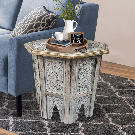 Olta 18 Inch Handcrafted Farmhouse Side Table, Engraved Carved Design, Mango Wood, Octagonal Top, An - View 6