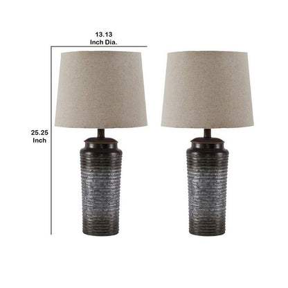 Ribbed Design Metal Body Table Lamp with Tapered Fabric Shade,Set of 2,Gray - View 6