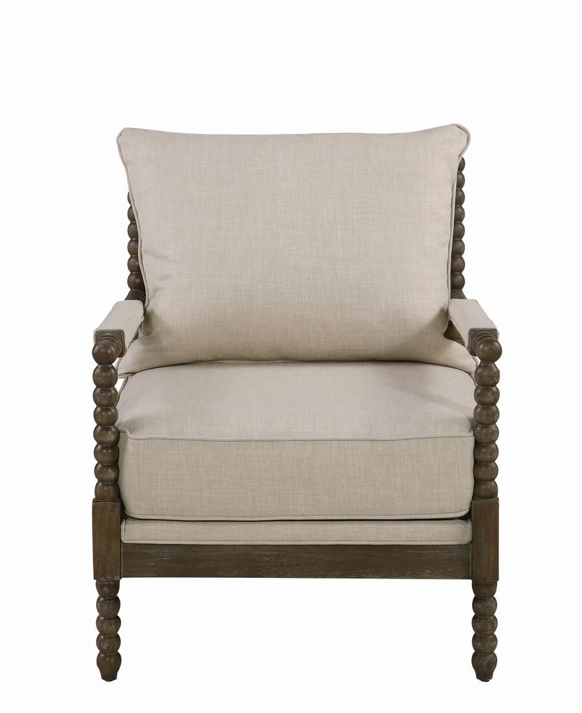 Cushioned Back Fabric Upholstered Spindle Accent Chair, Beige and Brown - View 2