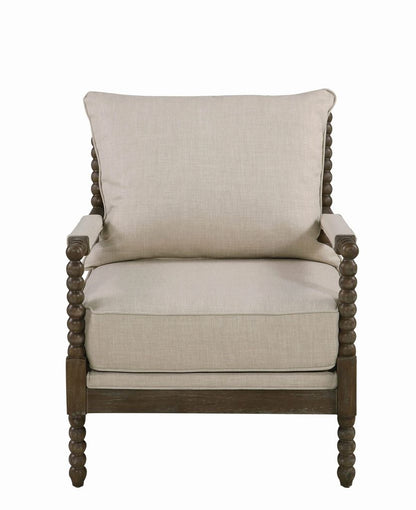 Cushioned Back Fabric Upholstered Spindle Accent Chair, Beige and Brown - View 2