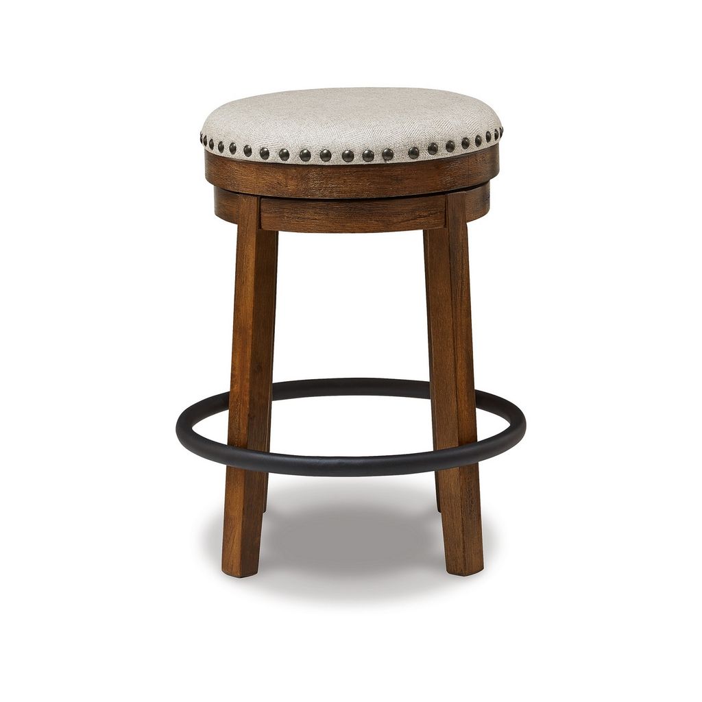 Zane 24 Inch Backless Swivel Counter Stool, Round Beige Seat, Brown Wood - View 2