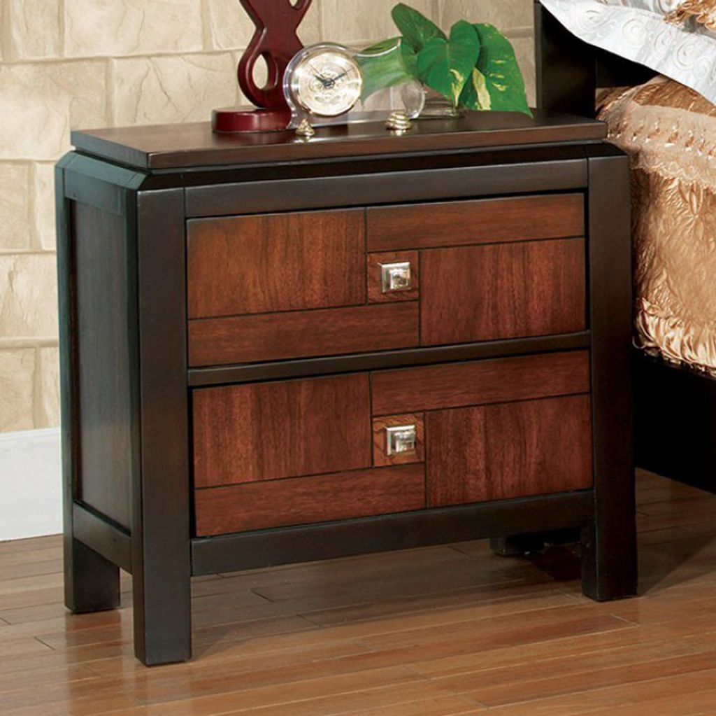 28 Inch Handcrafted Bedside Nightstand, 2 Drawers, Sleek Wood Pattern, Square Knobs, Walnut Brown - View 2