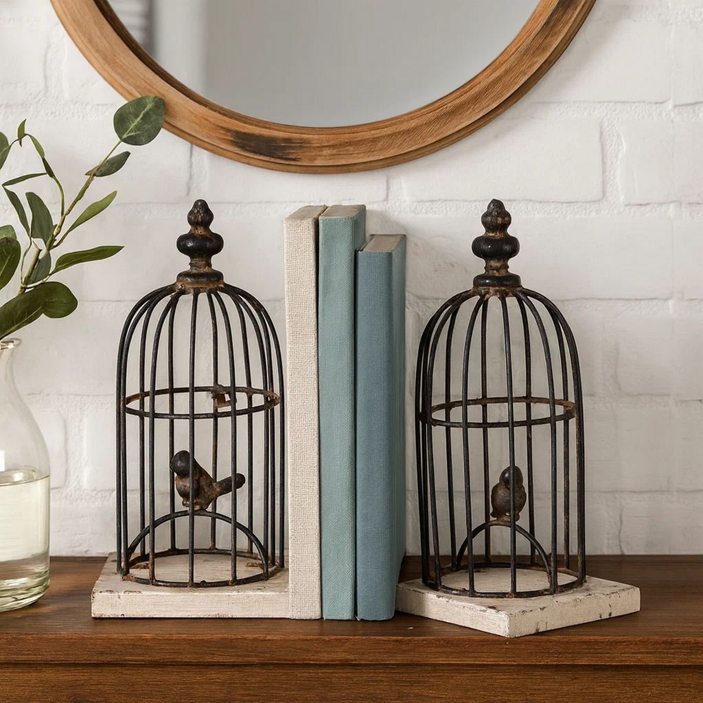 Ari Set of 2 Classic Bookends, Birdcage, Iron and Fir Wood, Black, Brown - View 7