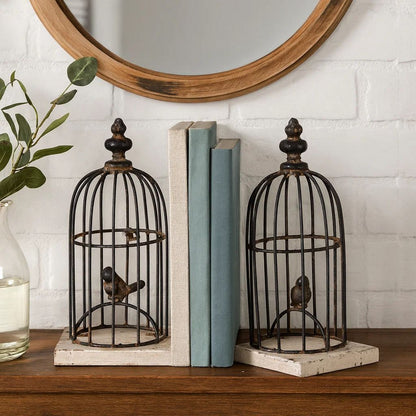 Ari Set of 2 Classic Bookends, Birdcage, Iron and Fir Wood, Black, Brown - View 7