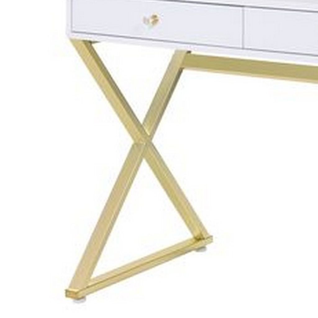 Vanity Desk with Removable Mirror and Cross Metal Legs, White and Gold - View 5