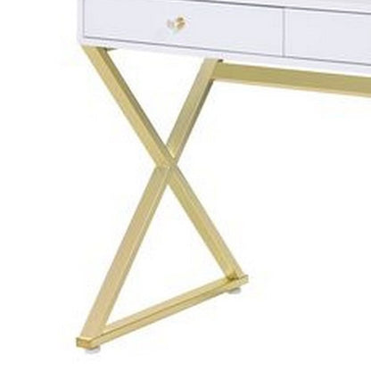 Vanity Desk with Removable Mirror and Cross Metal Legs, White and Gold - View 5