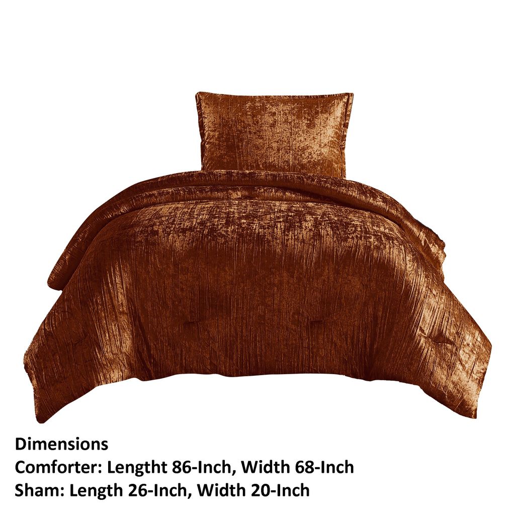 Jay 2 Piece Twin Comforter Set, Copper Polyester Velvet Deluxe Texture - View 6