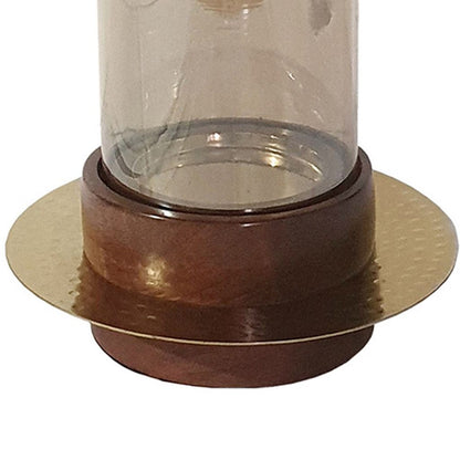 11 Inch Glass Hurricane Candle Holder, Acacia Wood, Small, Gold FInish - View 4