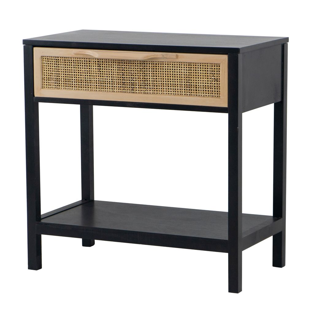 Rosette 22 Inch Side End Table, Natural Brown Rattan Front Drawer, Open Shelf, Black Mango Wood Frame