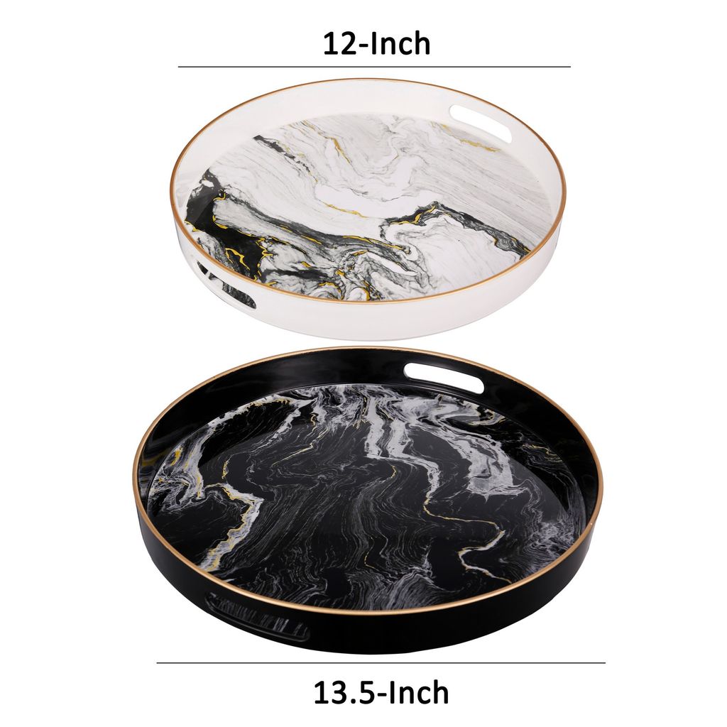 Set of 2 Round Accent Trays, Tabletop Decor, Marbling, Black, White, Gold - View 6