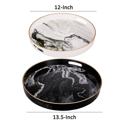 Set of 2 Round Accent Trays, Tabletop Decor, Marbling, Black, White, Gold - View 6