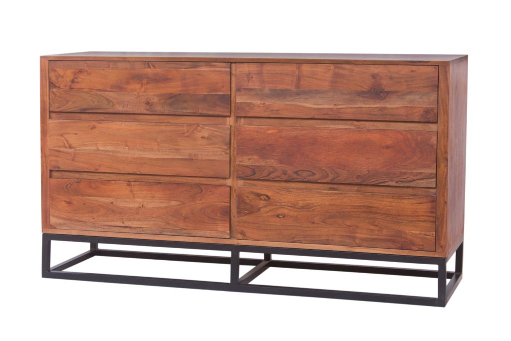 Modern Acacia Wood Dresser or Display Unit With Metal Base, Walnut Brown and Black - View 2