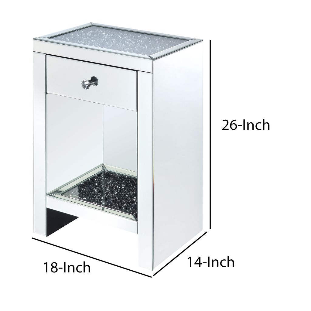 Mirrored Wooden Night Table with 1 Drawer and Bottom Shelf, Silver - View 5