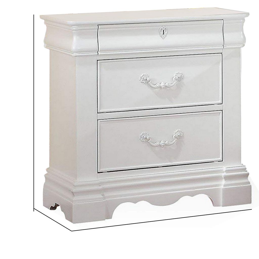 Three Drawer Nightstand With One Hidden Top Drawer And Scalloped Feet, White - View 7