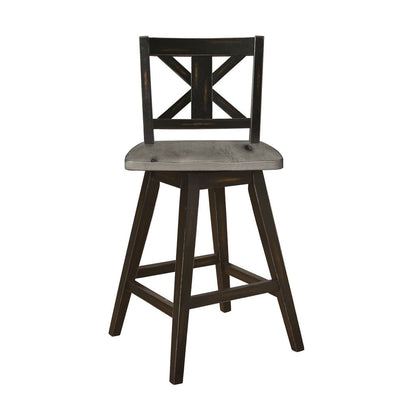 Farmhouse Swivel Counter Height Chair with X Shaped Back, Set of 2, Antique Gray, Black - View 4