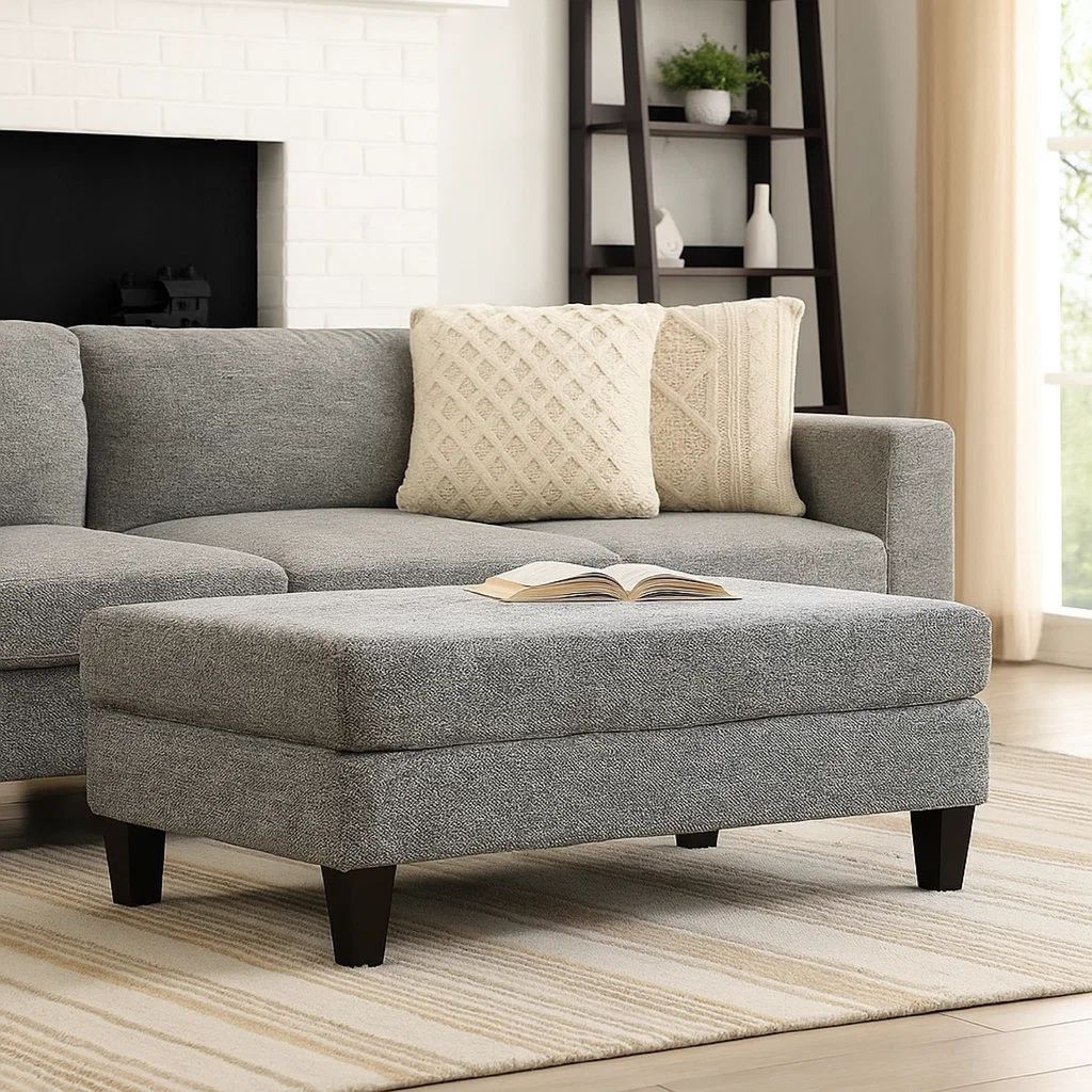Fabric Upholstered Wooden Ottoman with Tapered Legs, Gray - View 7