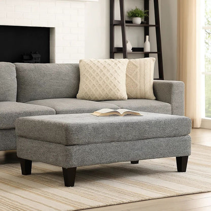 Fabric Upholstered Wooden Ottoman with Tapered Legs, Gray - View 7