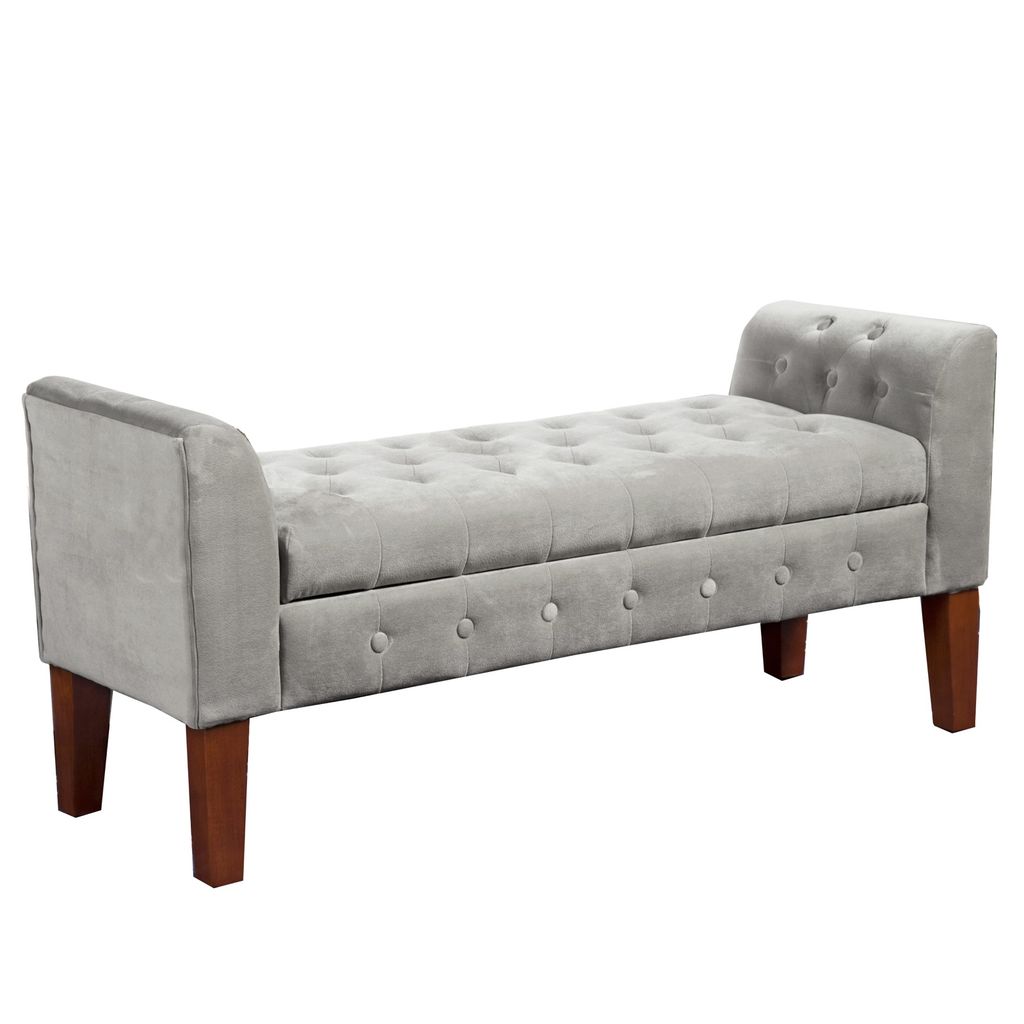 Velvet Upholstered Button Tufted Wooden Bench Settee With Hinged Storage, Gray and Brown - View 6