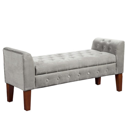 Velvet Upholstered Button Tufted Wooden Bench Settee With Hinged Storage, Gray and Brown - View 6
