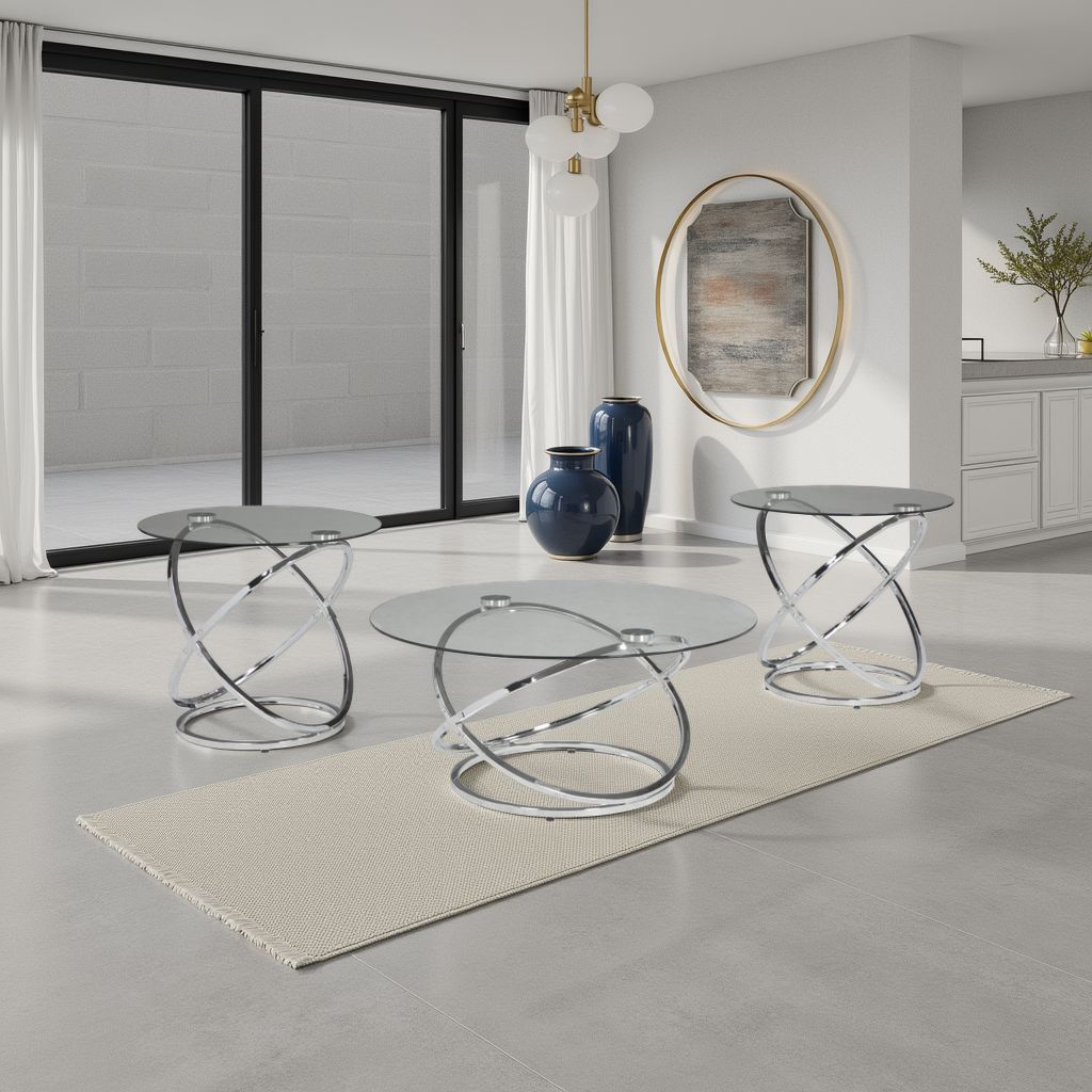 3-Piece Coffee and Side End Table Set | Round Glass Tops with Swirl Chrome Steel Bases | Silver - View 7