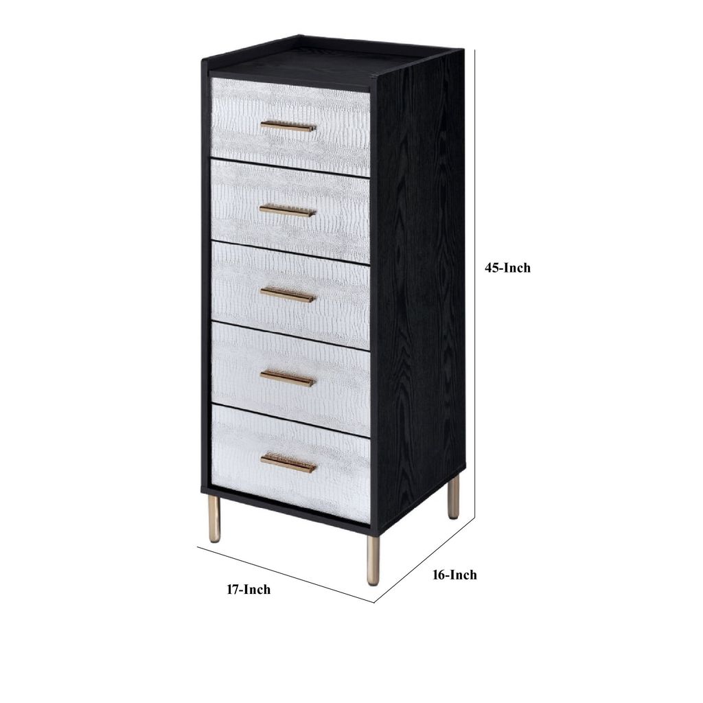 San 45 Inch 5 Drawer Jewelry Storage Chest, Gold Legs, Black and Silver - View 6