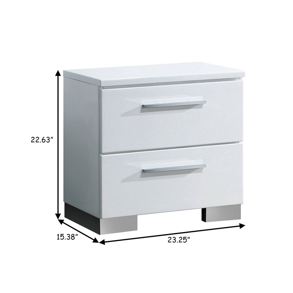 2 Drawer Wooden Nightstand with Metal Pulls, Glossy White - View 6
