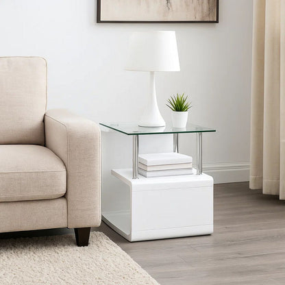 24 Inch Square Accent End Table, Glass Top, Open Shelf, White, Chrome - View 7