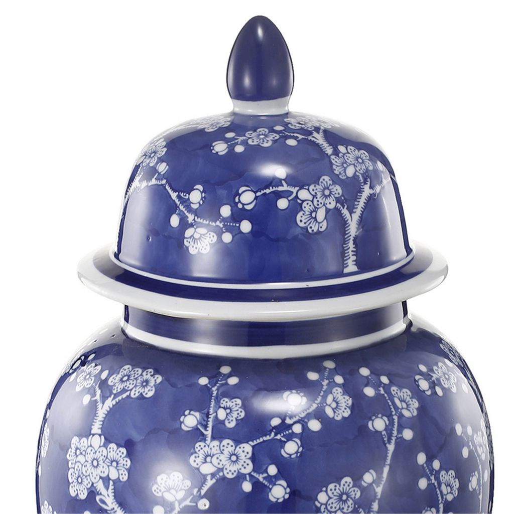 18 Inch Porcelain Ginger Jar, Finial Lid and Round Curved, Blue Flowers - View 4
