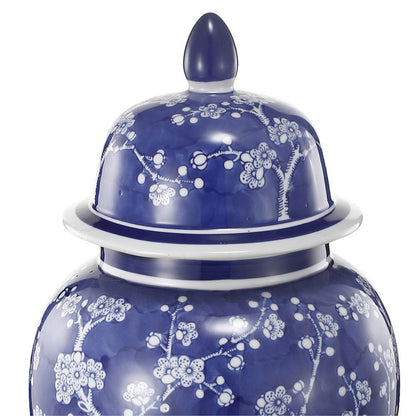18 Inch Porcelain Ginger Jar, Finial Lid and Round Curved, Blue Flowers - View 4