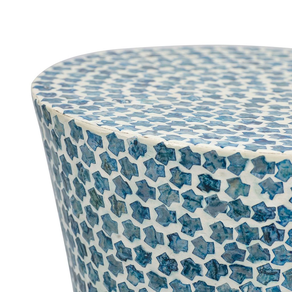 Ivy 20 Inch Luxury Accent Table Stool, Mosaic Tile Pattern, White, Blue - View 3
