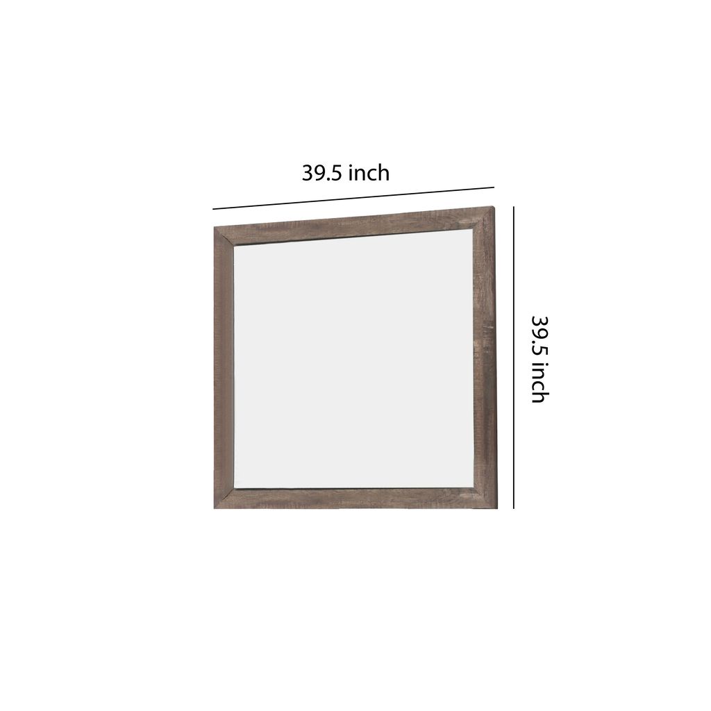 Transitional Square Shape Wooden Frame Mirror with Textured Details, Brown - View 5