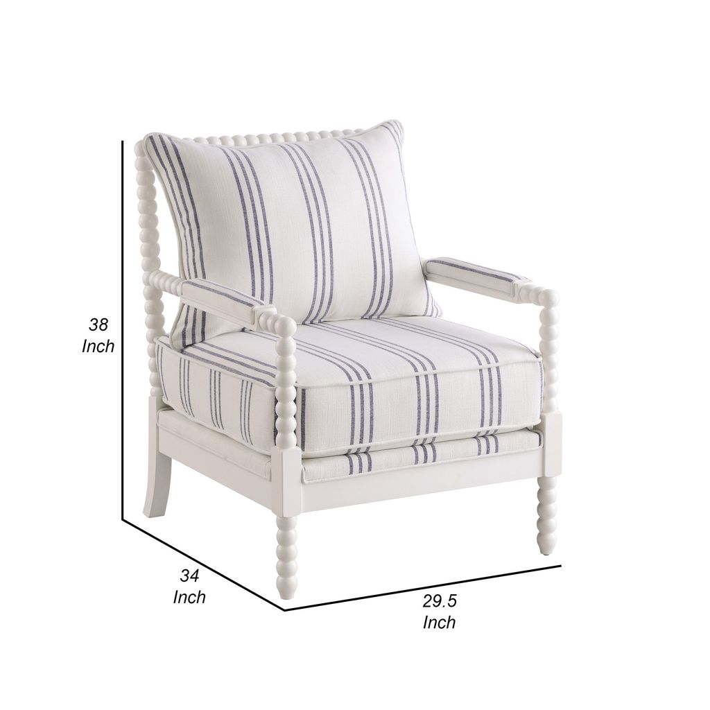 34 Inch Accent Chair, Reversible Pillow Backrest, Fabric, White, Navy - View 5