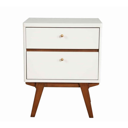 2 Drawer Wooden Nightstand with Angled Legs, White and Brown