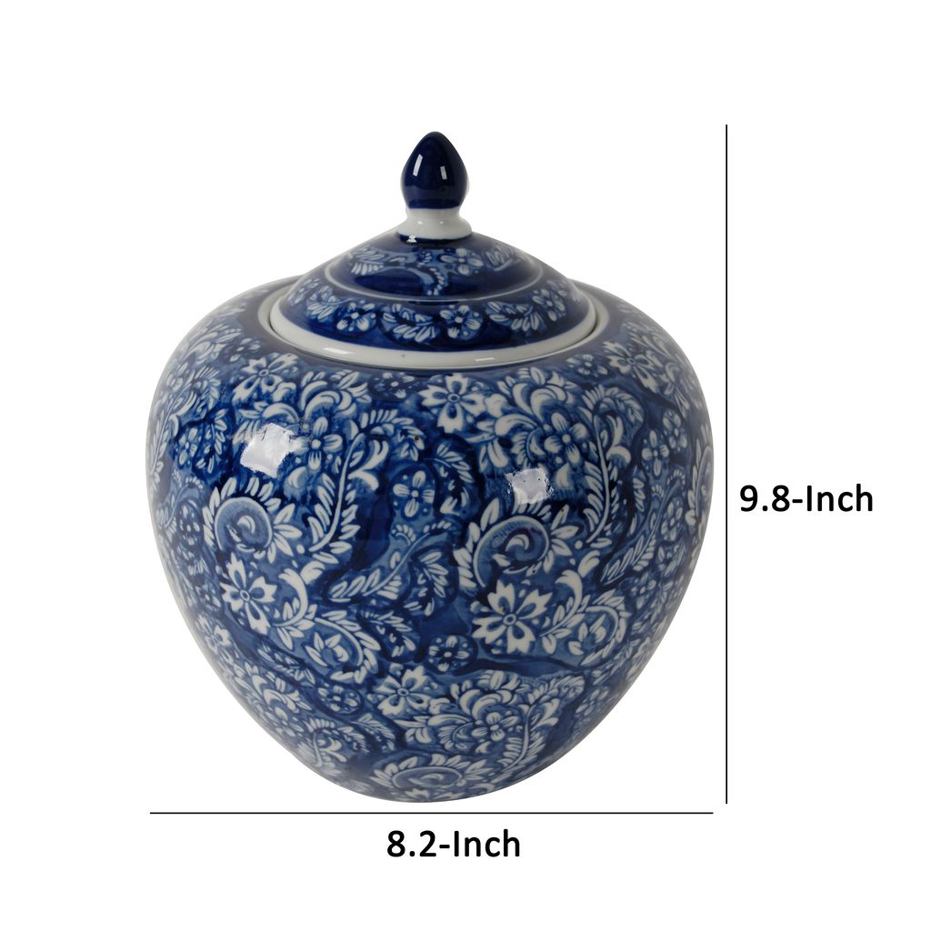 10 Inch Lidded Jar, Curved Round Persian Floral Print, Blue Porcelain - View 5