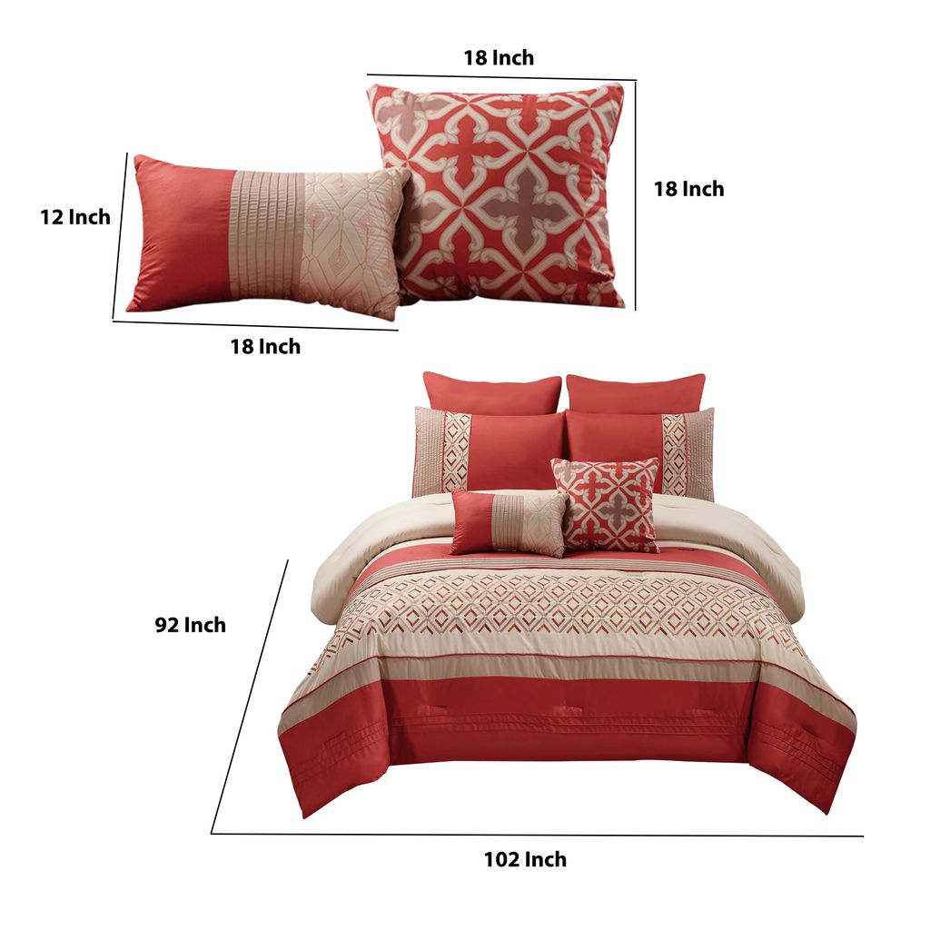 8 Piece King Polyester Comforter Set with Geometric Embroidery, Orange - View 5