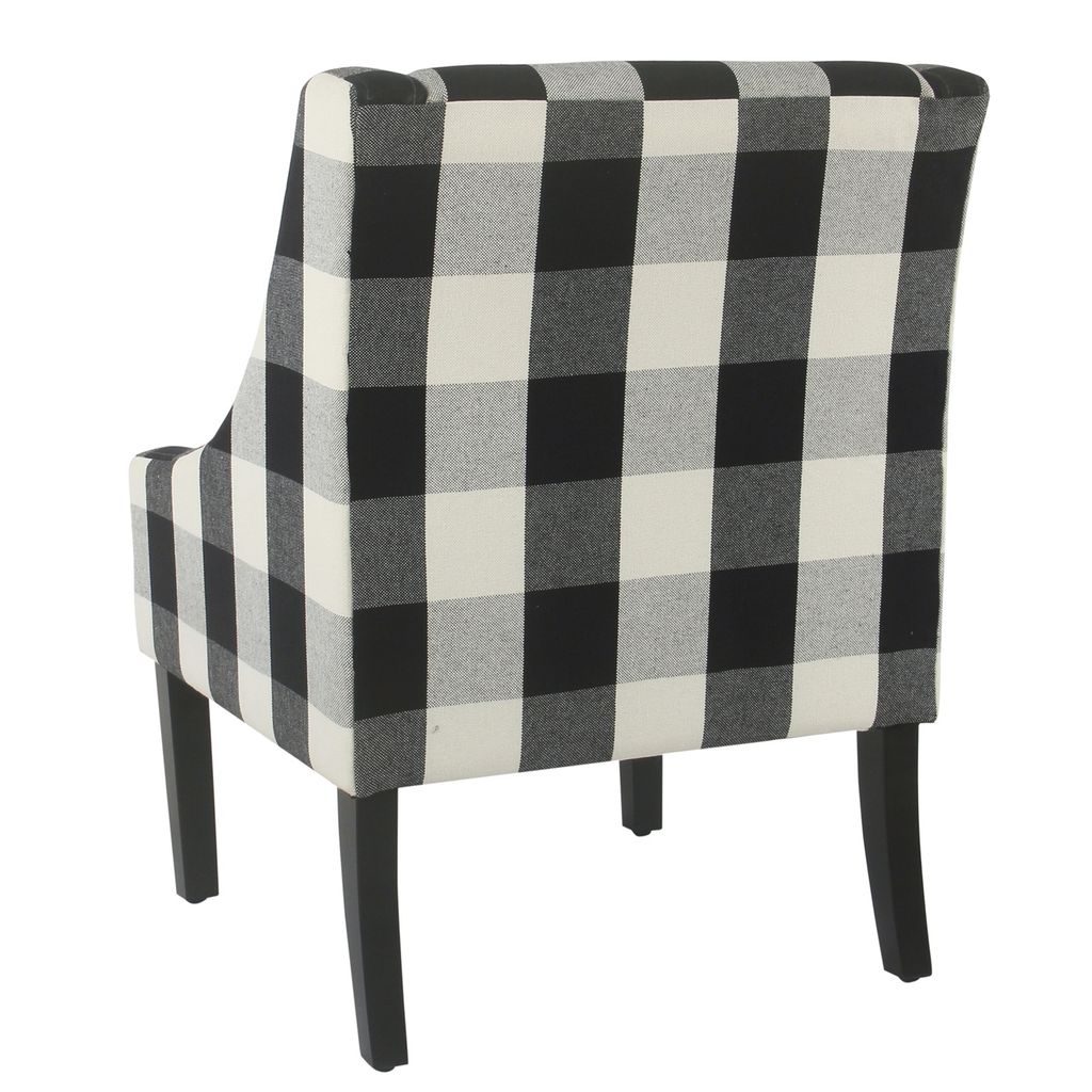 Fabric Upholstered Wooden Accent Chair with Buffalo Plaid Pattern, Black and White - View 4