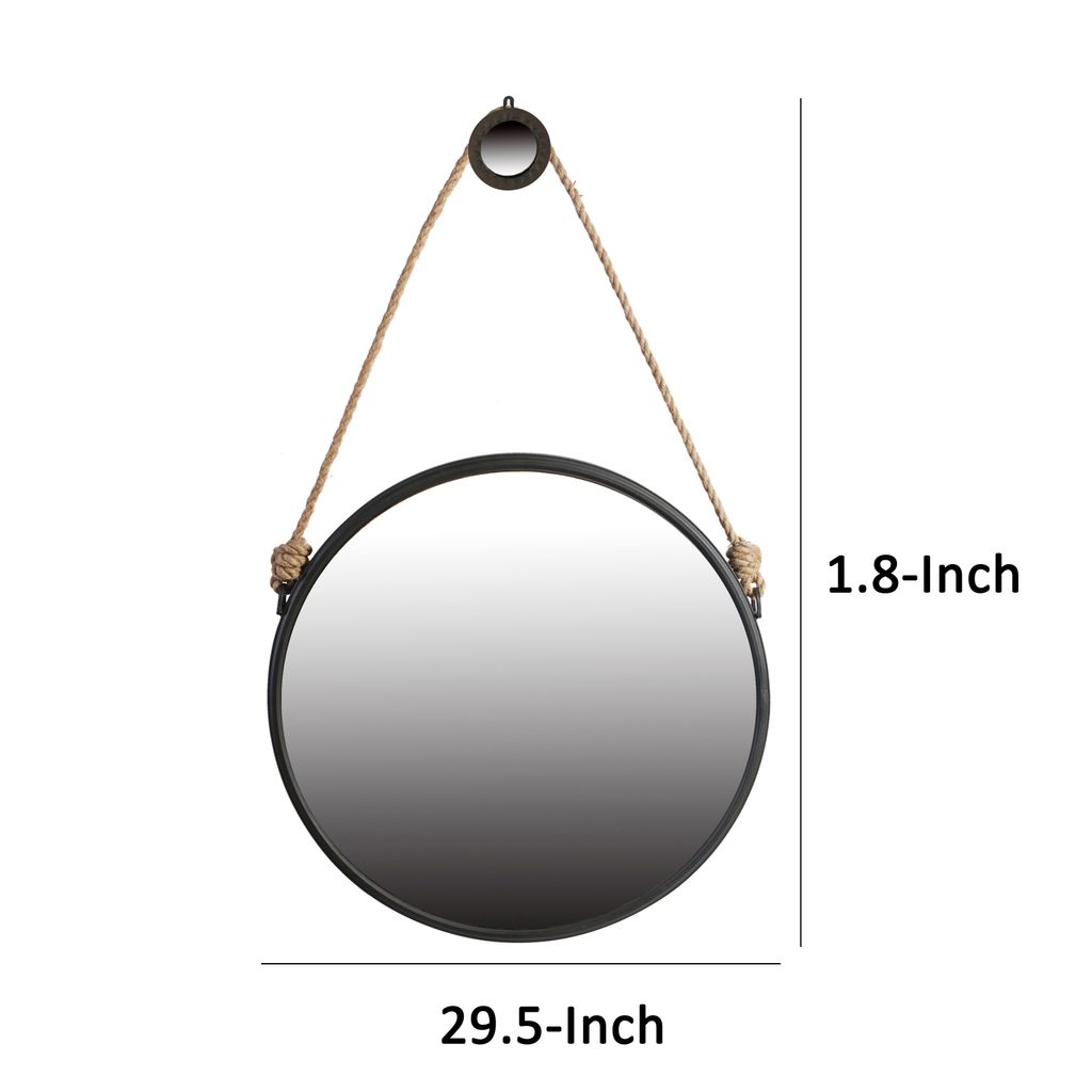 30 Inch Accent Wall Mirror with Rope Hanger and Round Black Metal Frame - View 5
