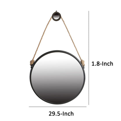 30 Inch Accent Wall Mirror with Rope Hanger and Round Black Metal Frame - View 5