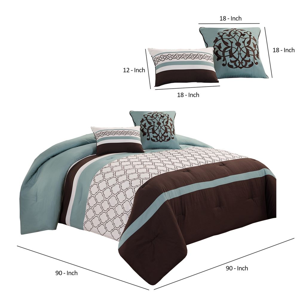 Quatrefoil King Size 8 Piece Fabric Comforter Set , Brown and Blue - View 6