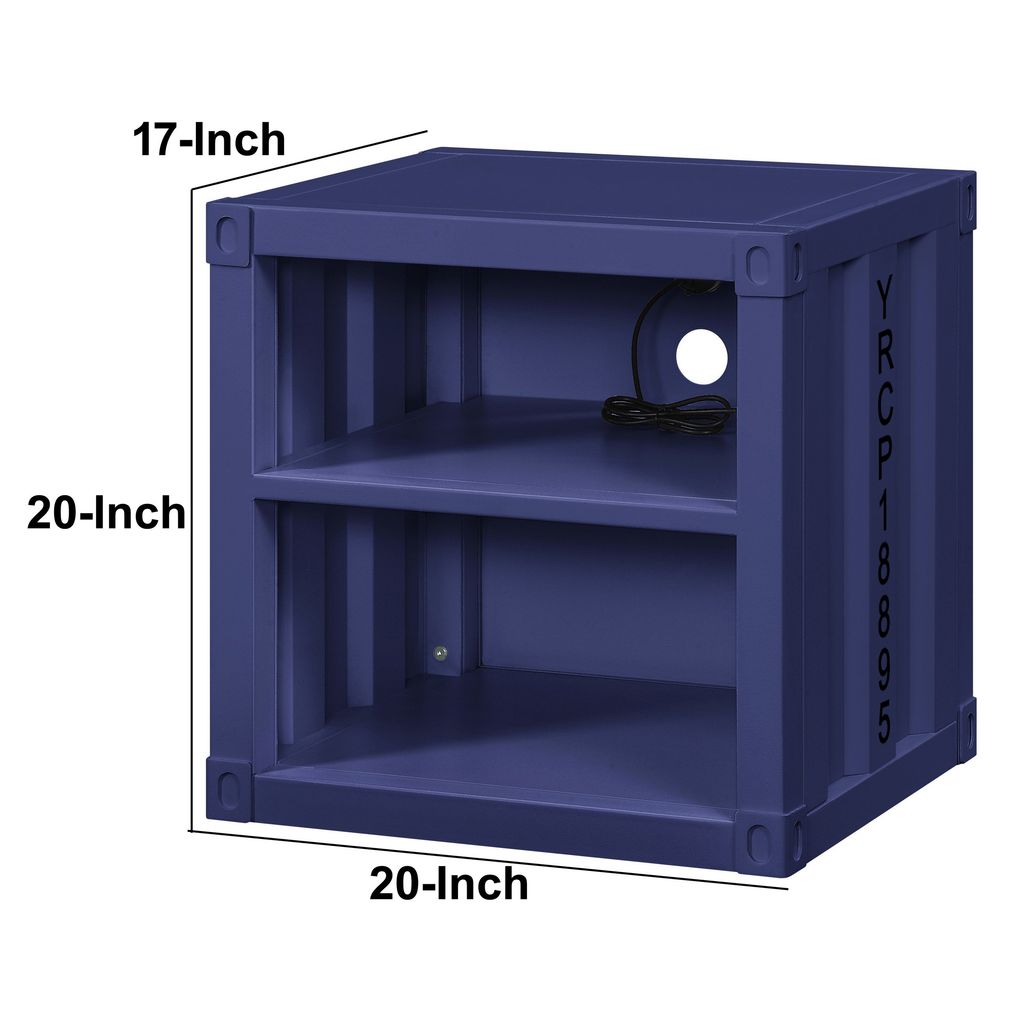 Metal Nightstand with 2 Open Compartment and USB Port, Blue - View 6