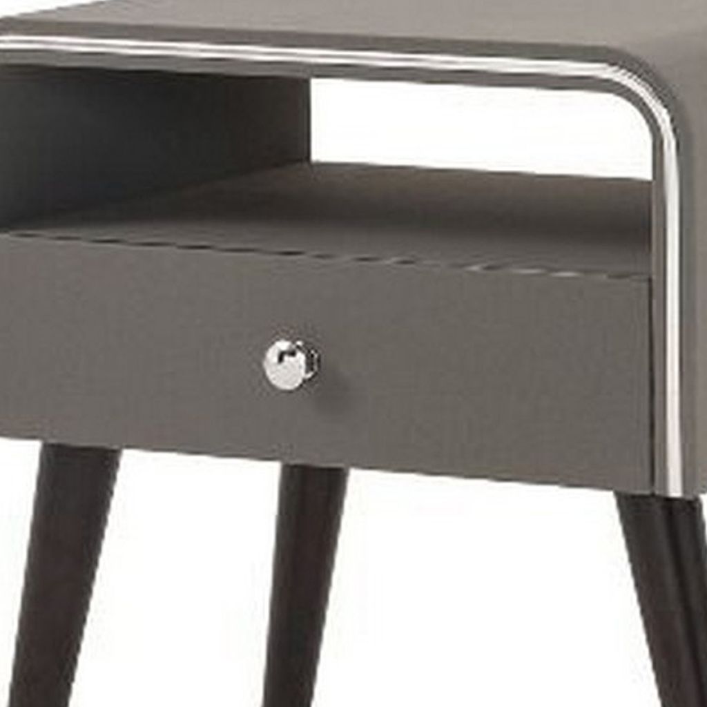 Curved Edge 1 Drawer Nightstand with Chrome Trim, Gray and Brown - View 3
