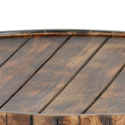 34 Inch Handmade Wooden Round Coffee Table with Plank Design, Burned Brown - View 4