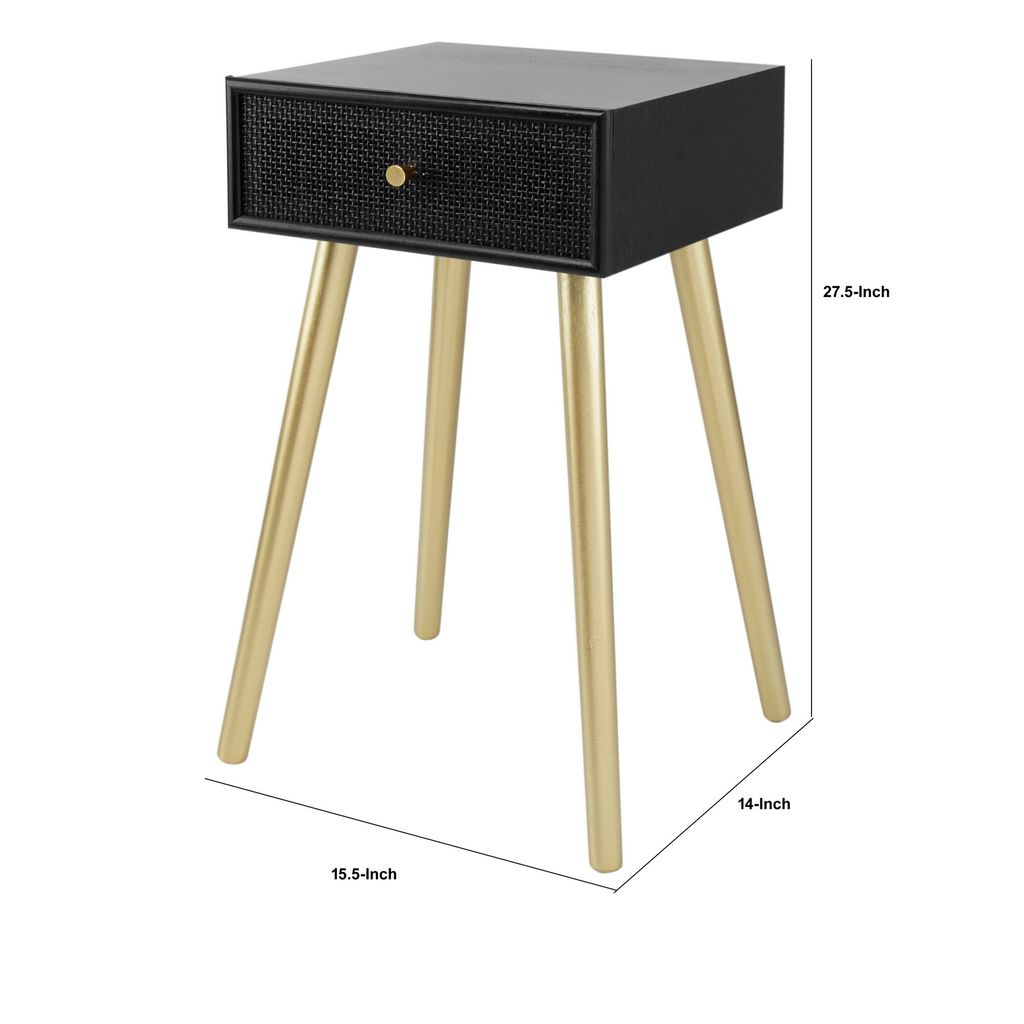 Gaia 28 Inch Pine Wood Side End Table, Gliding Rattan Drawer, Black, Gold - View 5