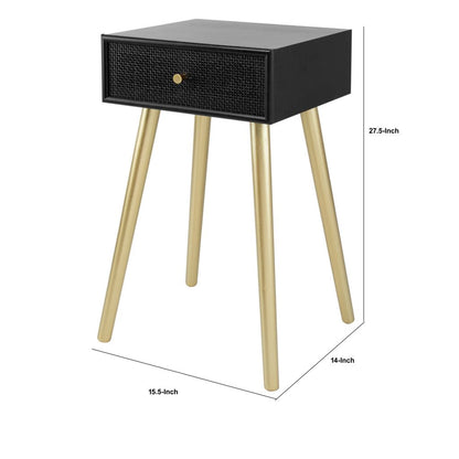 Gaia 28 Inch Pine Wood Side End Table, Gliding Rattan Drawer, Black, Gold - View 5