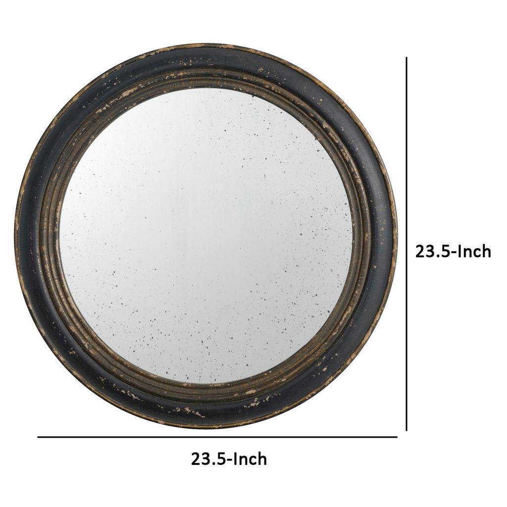 24 Inch Round Wall Mount Mirror, Molded Trim Wood Frame, Distressed Brown - View 5